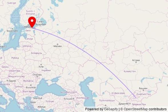 A map showing the great circle route from Khamza in Uzbekistan to a map pin at EMK Kunda Betaania kogudus, Mäe 11, 44107 Kunda, Estonia