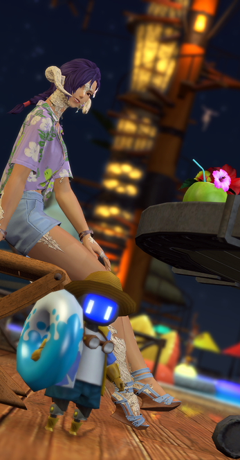 Berin Rinrin sitting at a table on the party ship and enjoying a drink. She is accompanied by an automaton minion in a vacation outfit and the jumping puzzle tower is visible in the background.