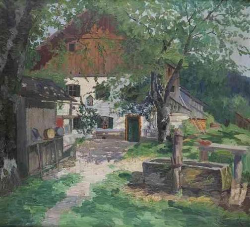 Impressionist painting of a rustic farmyard scene with a white farmhouse, outbuildings, a stone well, and lush greenery under a bright sky.