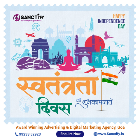 Sanctify – Digital Marketing Agency in Goa celebrating Indian Independence Day with tricolour flag, fireworks, and a Happy Independence Day message