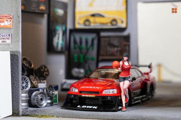 A basketball girl and Nissan Skyline LB-ER34 Super Silhouette by Mini GT in 1:64 scale on AREA 164