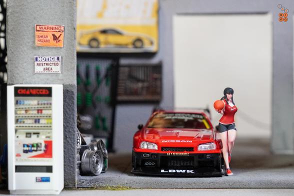A basketball girl and Nissan Skyline LB-ER34 Super Silhouette by Mini GT in 1:64 scale on AREA 164