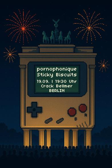 Eine Game Boy im Stil des Brandenburger Tores in Berlin bei Nacht. Im Hintergrund Feuerwerk. Im Vordergrund Menschenmassen. Auf dem Display die Konzertankündigung: Pornophonique und Sticky Biscuits spielen am 19.09.2025 ab 19:30 in Berlin im Crack Bellmer