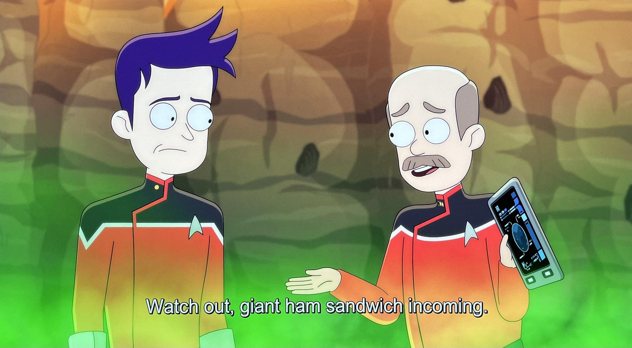 Lower Decks scene. (Lower Decks is amazing and if you're anti-cartoon just give it a chance friendo) We see Boiler and another older Starfleet officer standing against a rock wll, with green air up to their necks, like they're standing in swampy or poisonous air. Boims, as per usual, looks verklempt while older fella explains something holding his PADD. Closed caption reads, "Watch out, giant ham sandwich incoming."