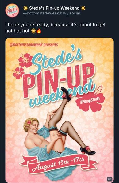 Poster for Stede's Pin-Up Weekend featuring Stede in sheer black stockings, kicking up his legs, a sweet, teasing smile on his face