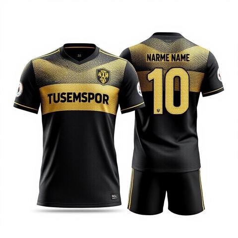 Gece siyahı zemin, altın mozaik efektli göğüs ve omuz detayıyla tasarlanmış premium dijital forma (TS-0054).