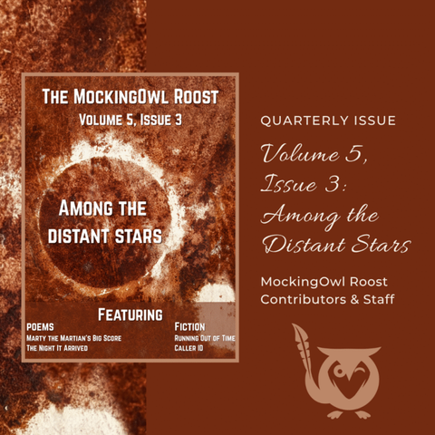 Burning fiery sun in orange and red, with bright white-yellow glow. TEXT: Quarterly Issue - Volume 5, Issue 3: Among the Distant Stars. MockingOwl Roost Contributors and Staff