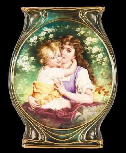 Ornate vase featuring a painted scene of a mother embracing her child amidst blooming flowers.