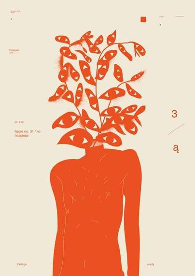 Orange illustration of a headless figure with a plant sprouting from its neck, its leaves shaped like eyes.