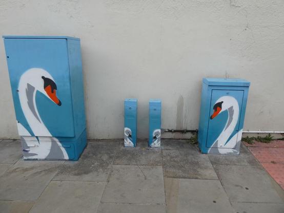 Four electrical junction boxes in street painted with two adult swans left and right, and two cygnets painted on the smaller ones, centre.