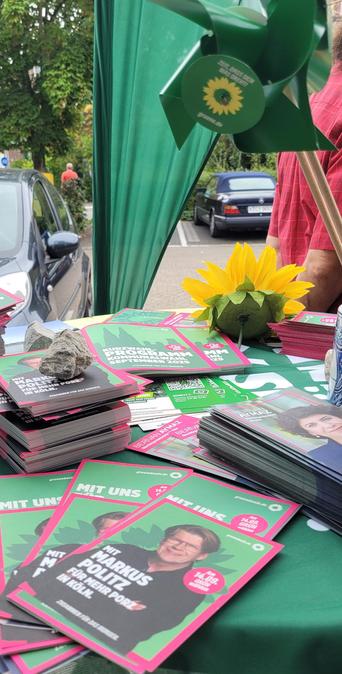 auf Tisch liegen diverse Flyer und ein Sonnenblume