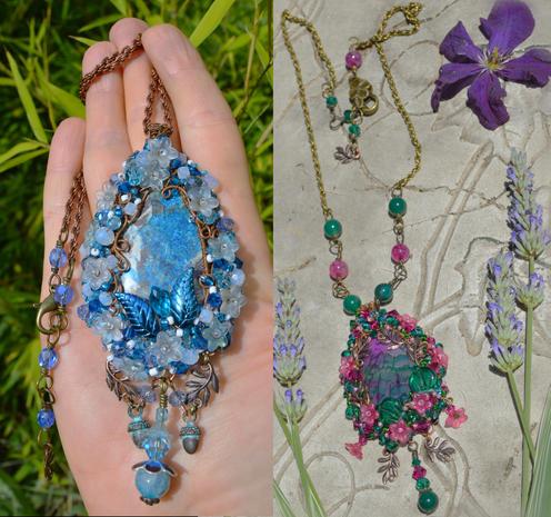 Two wire wrap pendants: left - blue and white teardrop shaped agate stone on the palm of a hand, right: fuchsia pink and emerald green. Both are about 3 inches tall, are wrapped in frothy curls of copper wire woven through with little flowers, crystals and tiny beads. Copper leaves and larger crystal pendant dangle underneath. On a long copper chain with beads hanging from it.