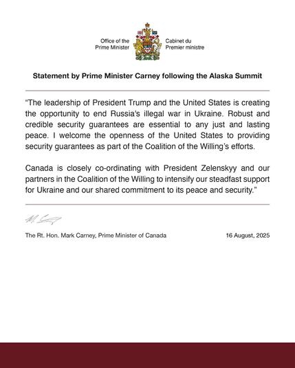 Statement by Prime Minister Carney following the Alaska Summit
 