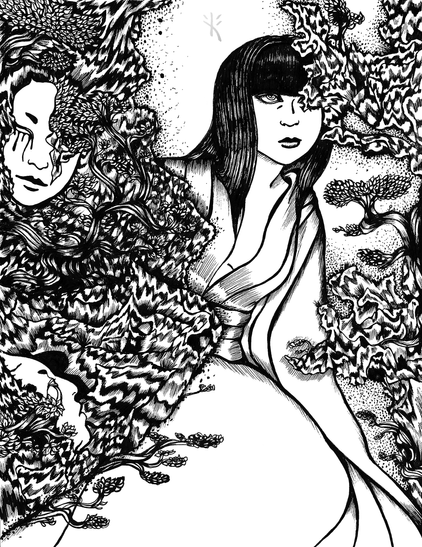 A surreal black and white ink illustration featuring a woman entwined with masks, intricate floral, and abstract textures.