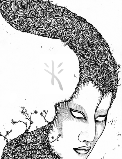 Black line art by Kmac of roses and vines curving across a white background, growing through a noh-style mask.