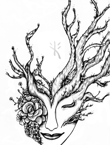 black ink line drawing by Kmac of A stylized face intertwined with tree branches and flowers.