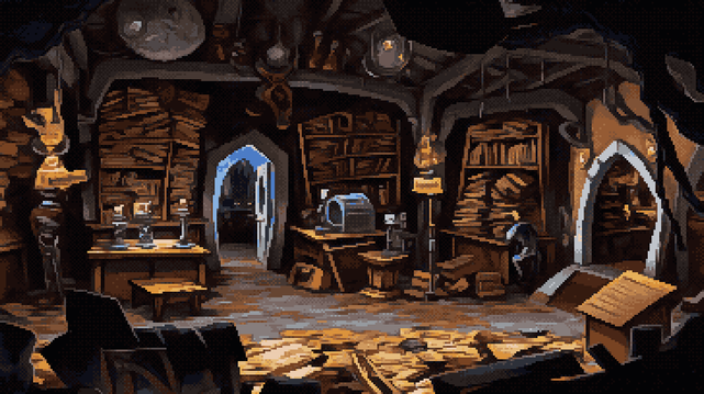 Pixel art of a chamber breathed into being by candlelight and stone, where knowledge clings to shelves like moss to ancient walls, a labyrinth of timber and script stretching into a dimness pregnant with untold workings. The architecture itself is a slow exhale, a vaulting promise of ages past, framing a doorway like a question mark posed to the unseen beyond. A clockwork heart, encased in glass, hangs suspended - a celestial map charted in gears and springs. Vials gleam, pools of possibility reflecting the lamps’ hesitant gaze, while scattered papers are fallen leaves upon a floor of aged parchment. Each book, a silent sentinel guarding its secrets, its spine a cracked smile betraying countless readings. A tiny guardian, a wooden sprite, oversees the accumulated wisdom, a flicker of whimsy amongst the serious industry. The air itself feels thick with the scent of dried herbs and turning pages, a repository of formulas woven into the very fabric of the space.  