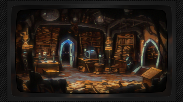 Pixel art of a chamber breathed into being by candlelight and stone, where knowledge clings to shelves like moss to ancient walls, a labyrinth of timber and script stretching into a dimness pregnant with untold workings. The architecture itself is a slow exhale, a vaulting promise of ages past, framing a doorway like a question mark posed to the unseen beyond. A clockwork heart, encased in glass, hangs suspended - a celestial map charted in gears and springs. Vials gleam, pools of possibility reflecting the lamps’ hesitant gaze, while scattered papers are fallen leaves upon a floor of aged parchment. Each book, a silent sentinel guarding its secrets, its spine a cracked smile betraying countless readings. A tiny guardian, a wooden sprite, oversees the accumulated wisdom, a flicker of whimsy amongst the serious industry. The air itself feels thick with the scent of dried herbs and turning pages, a repository of formulas woven into the very fabric of the space. The image has a CRT filter applied.