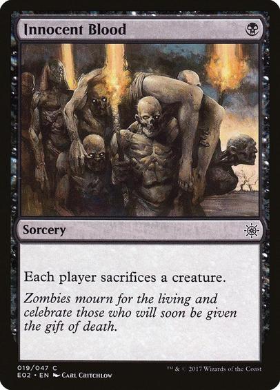Card Name: Innocent Blood
Set: Explorers of Ixalan
Description: Each player sacrifices a creature of their choice.
Artist: Carl Critchlow