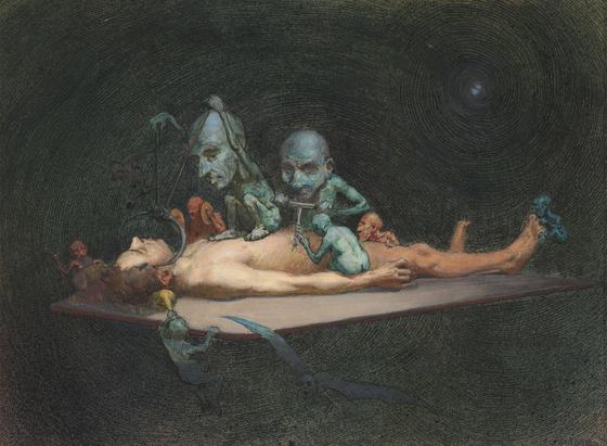 A man lying on an operating table with demon-like creatures on his chest