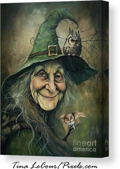 This is a fun halloween canvas of a whimsical witch called Esmeralda Evergreen dressed in a green cape and green witches hat with an owl perched on the hat, a spider with cob webs and snake around her neck. 
