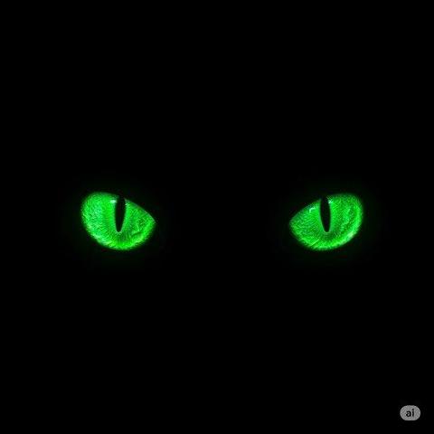 Green cat eyes on a black background