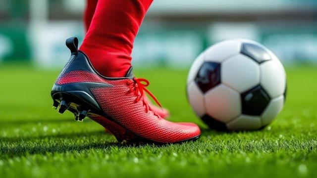 halı sahada kırmızı krampon ile futbol topuna vurma anı