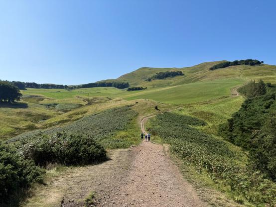 People walking on a trail up through gentle curves of the Pentland Hills near Flotterstone 