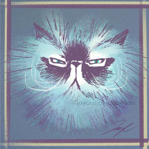 Painting of a grumpy fluffy cat in blue and white with a purple and yellow frame. The artist's signature and @joyousjoyfuljoyness watermark are at the bottom.