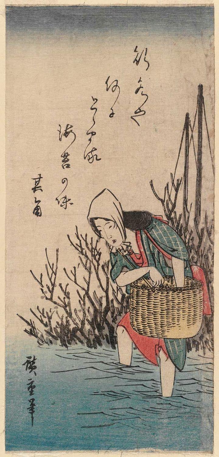 Woodblock print of woman collecting seaweed in a basket.
Image thanks - https://ja.ukiyo-e.org/