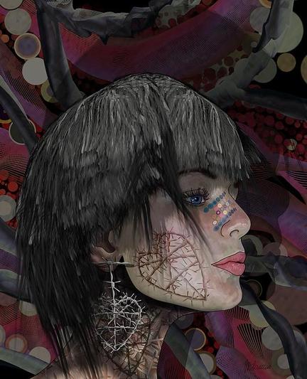 Black Hair Barbed Wire Tattoos And Earring by Joan Stratton - paintingsbyjoan.com

In the not-too-distant future, she wears her heart tattooed on her face — a reminder of love lost, caution ahead, or maybe a quiet rebellion against needing love at all.

This surreal portrait features a black-haired, blue-eyed woman with a fragmented face, adorned with a barbed wire heart tattoo, metallic accents, and a bold earring. Her skin is dotted with colourful circles, and the background swirls with abstract patterns and circular motion — a dynamic, futuristic dreamscape.

Created using my Ether Art technique — hand-drawn digitally from a blank canvas — this piece blends emotional storytelling with edgy symbolism. It’s a celebration of feminine strength, vulnerability, and the art of wearing your truth.

Black Hair Barbed Wire Tattoos And Earring is perfect for collectors of surreal portraiture, abstract symbolism, and expressive digital art. Available across fine art prints, canvases, apparel, and home décor.

Explore more bold, futuristic portraits and emotionally charged artworks in my Gallery of Women; https://joan-stratton.pixels.com/collections/women