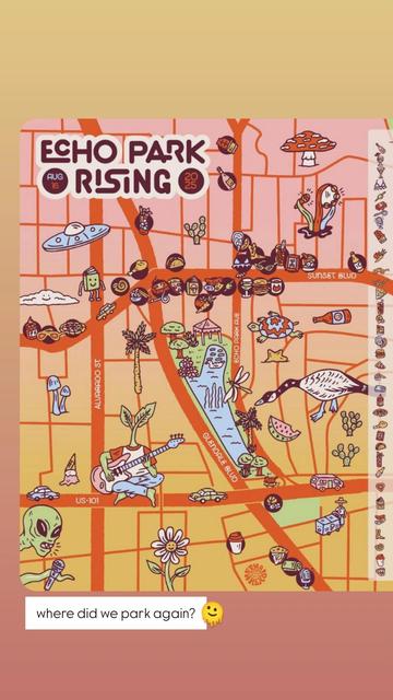Illustrated map of Echo Park Rising 2025; a caption reads "where did we park again?"