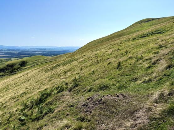 Steep slope of a hill accentuated by the horizon line of a flat distant valley 