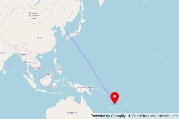 A map showing the great circle route from Ganghyeon in South Korea to a map pin at Cathédrale du Sacré-Cœur, Bouganville Street, Port Vila, Vanuatu