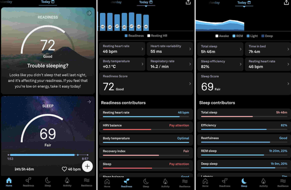 Three panels of a mobile unit interface for a sleep tracking application