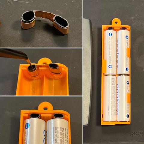 A composition of four photos showing two pieces of heat shrink tubing wrapped with copper foil tape being placed inside the end of a 3D printed battery tray in orange plastic.
