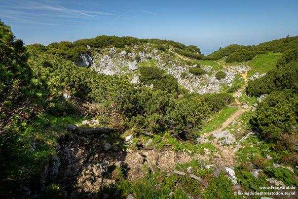 A stunning scene of a trail winding its way through a rocky mountain landscape is captured in this image. The rocky hillside is dotted with trees and bushes, adding a touch of green to the rugged terrain. Above, a clear blue sky with fluffy white clouds stretches out, creating a peaceful backdrop to the natural beauty below. The rocky area in focus shows intricate details of the rough texture, highlighting the raw and untouched nature of the environment. A dirt path meanders through a grassy ar…