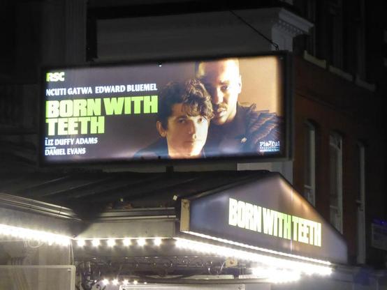 Illuminated hoarding for Born With Teeth showing two lead actors above illuminated sign for same. Night.