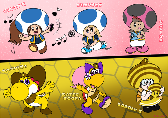 Jazzy T.: Loves to sing and dance through loud music. Toadney: Likes Nintendo video games and hip hop music. Louisa: Professional photographer and secretly, a talent agent. Yoshina: Scout Captain of the Camp Honey Girl Scouts. Katie Koopa: Marketing genius of the Camp Honey Girl Scouts - uses questionable tactics for profit gains and always avoids getting caught. Bobbie T.: The Baker of Camp Honey Girl Scouts cookies and occasionally being a Super Bee.