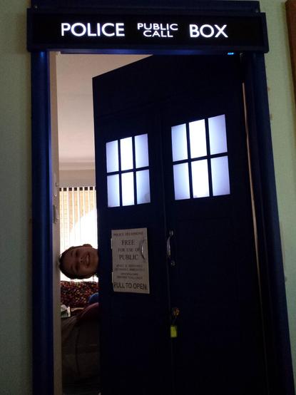 A bedroom door in my house, converted into a TARDIS door, complete with remote control lighting effects and opening sound.