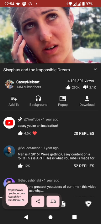 The image shows a YouTube video titled "Sisyphus and the Impossible Dream" by Casey Neistat, with 4,101,301 views, 290K likes, and 2.1K dislikes. The video has 13 million subscribers. The thumbnail features a woman holding a phone to her ear, with a blurred outdoor background. Below the video title, there are options to "Add To," "Background," "Popup," and "Download." The video was posted one year ago. The first comment, from [@]YouTube, says "casey you're an inspiration!" with 4.5K likes and 20 replies. The second comment, from [@]SauceStache, reads "Man is it 2016!! We're getting Casey content on a roll!!!! This is ART!! This is what YouTube is made for," with 12K likes and 52 replies. The third comment, from [@]thedeshbhakt, includes a link to the video and says "the greatest you tubers of our time - this video just why..."

Provided by @altbot, generated privately and locally using Ovis2-8B

🌱 Energy used: 0.278 Wh