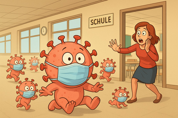 ChatGPT - generiertes Bild.
Zeigt eine Lehrerin, welche mit entsetztem Blick aus dem Schulzimmer eilt. Im Gang rennen oder hoppeln grössere und kleinere «Monster» mit Hygiene-Masken und runden «Viren-Köpfen» mit grossen Augen.