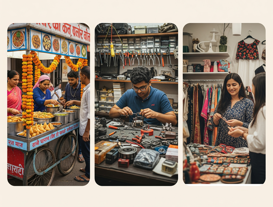 A three-part collage showing a vibrant Indian street food stall, a man in a repair shop, and a woman in a boutique.