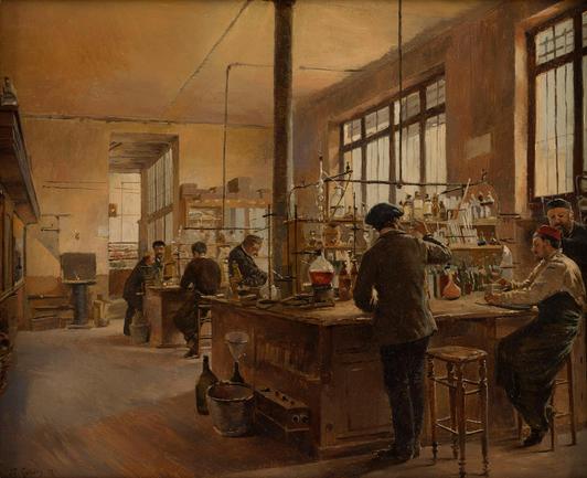Several men, some in aprons, stand or sit at benches with old fashioned chemical equipment. Intent on their work, none wear police uniforms as such. A high ceilinged room, with an open door almost twice a man's height suggests they are keen to ventilate it. The colour palate is brown and yellow