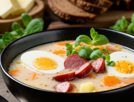 ŻUREK - POLISH SOUR RYE SOUP

INGREDIENTS:

8 oz Smoked Bacon, chopped
1 lb Biała Kiełbasa
2 C Chopped Yellow Onion
6 Cloves Garlic, crushed 
5 C Chicken Stock
1 C Diced Carrot
2 C Cleriac, diced ½-inch cubes
2 C Potatoes, chopped ¾-inch cubes
2 Bay Leaves
1 tsp Salt
1/2 tsp Black Pepper
1/8 tsp Ground Allspice
1 C Sourdough Rye Starter (up to 1½ cups)
1/2 C Sour Cream
1 tsp Prepared Horseradish
1 tsp Dried Marjoram
Hard or Soft-boiled Eggs

DIRECTIONS:

Add bacon to 5-quart Dutch oven or similar pot over medium heat. Cook until bacon fat has rendered and starting to crisp. Add the sausage and onion; cook until sausage is browned and the onion is softened, Add ⅔ of the garlic and cook 1 minute stirring constantly. Remove the sausage.

Add the stock, carrot, celeriac, potato, bay leaves, salt, pepper, and allspice. Turn up the heat and bring to a boil, then turn down heat to keep at a gentle boil but prevent it from boiling over. Cook (covered) until the vegetables are tender.

With the heat on medium-low, whisk in ½ cup of the sourdough rye starter and the remaining ⅓ of the garlic. While continuing to whisk, add more sourdough rye starter until it reaches your desired consistency (it will thicken). Slice the cooked sausage and return to soup. Simmer for 5 minutes, stirring constantly.

Remove from the heat and stir in the sour cream, prepared horseradish and dried marjoram. Serve topped with halved hard or soft-boiled egg and a sprinkling of marjoram, along with rye bread.