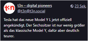t3n – digital pioneers @t3n@t3n.social

Tesla hat das neue Model Y L jetzt offiziell angekündigt. Der Sechssitzer ist nur wenig größer als das klassische Model Y, dafür aber deutlich teurer.