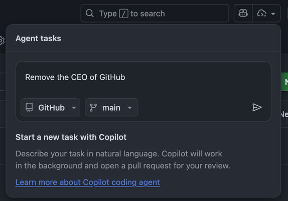 Agent Task feature in GitHub showing the Agent Tasks menu with the prompt of “remove the CEO of GitHub”