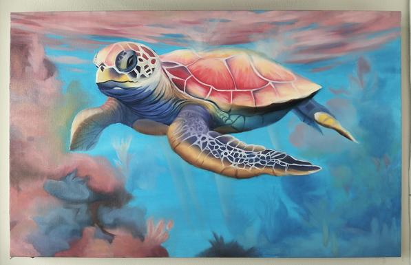 a painting of a sea turtle lazily swimming in blue and pink and light background , seen from the front from a side angle 
