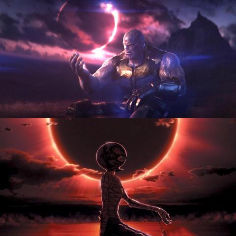 A picture of Marvel's Thanos from the film Infinity War holding the soul stone in a shallow pool of water with a solar eclipse in the background. Beneath it, is a picture of Griffith from Berserk holding a Behelit in a shallow pool of water with an eclipse in the background.