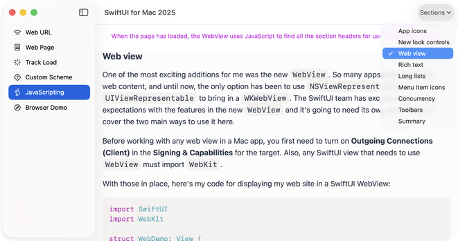 SwiftUI WebView using Javascript to create a sections menu